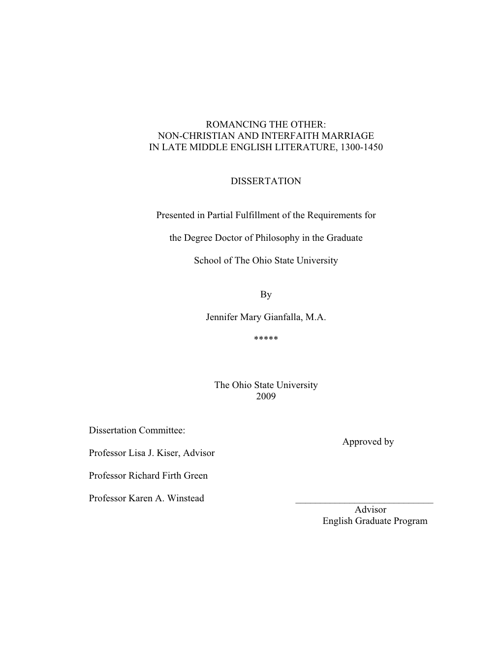 Romancing the Other: Non-Christian and Interfaith Marriage in Late Middle English Literature, 1300-1450