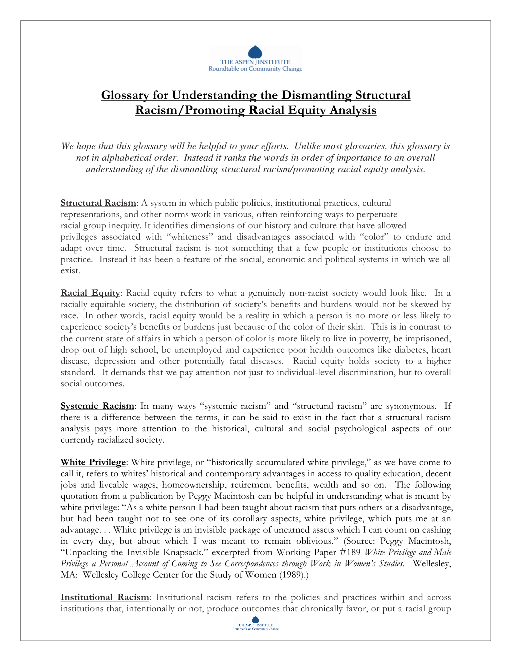 Glossary for Understanding the Dismantling Structural Racism/Promoting Racial Equity Analysis