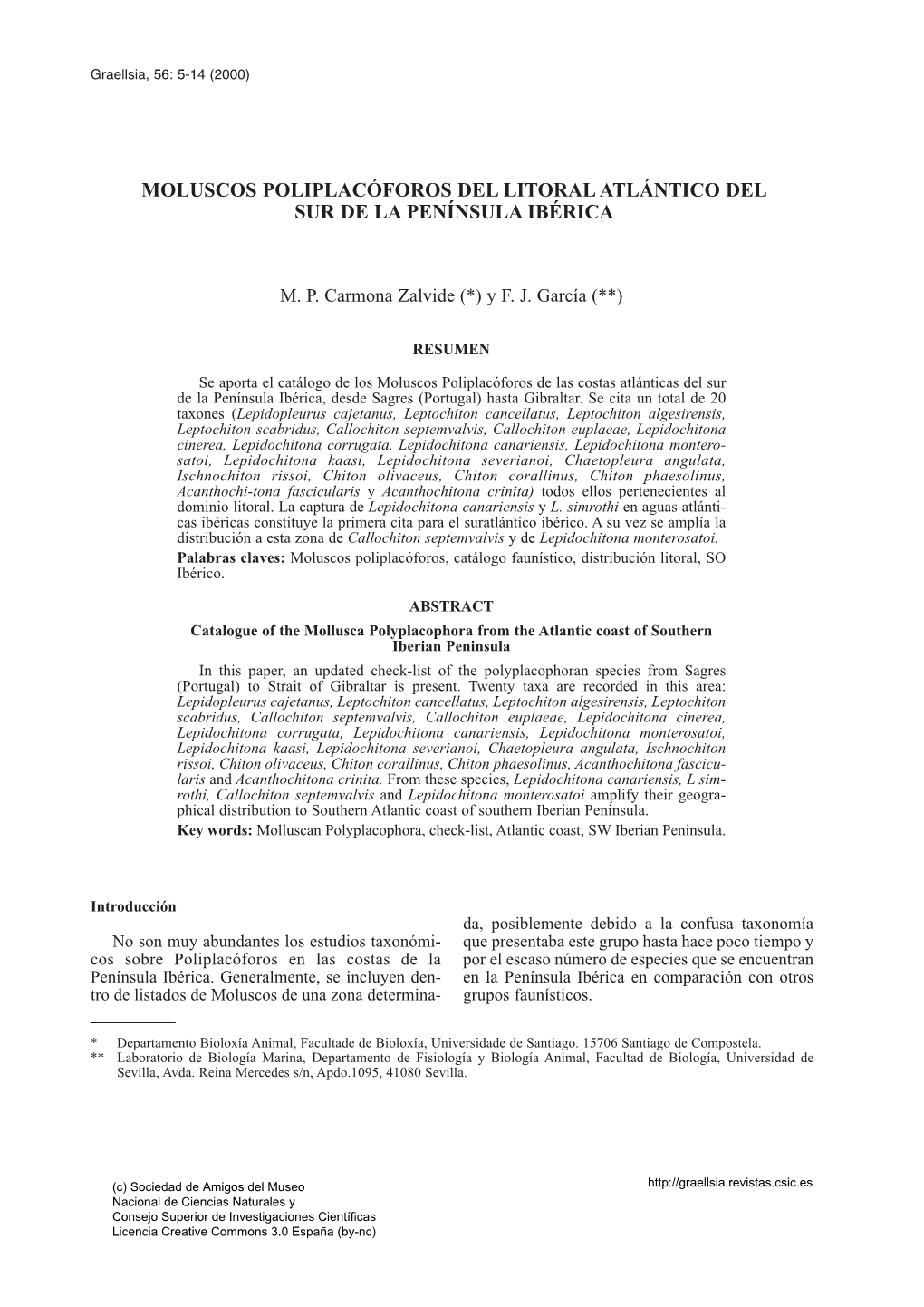 Moluscos Poliplacóforos Del Litoral Atlántico Del Sur De La Península Ibérica