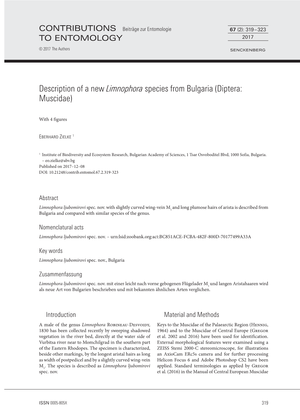 Description of a New Limnophora Species from Bulgaria (Diptera: Muscidae)