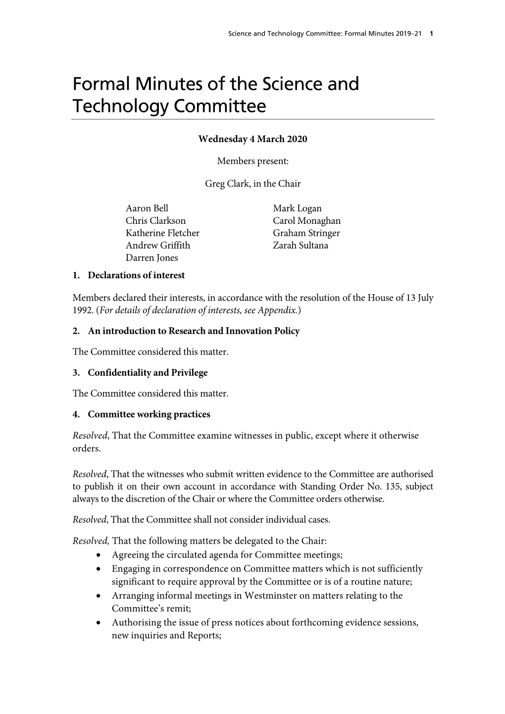 Formal Minutes of the Science and Technology Committee