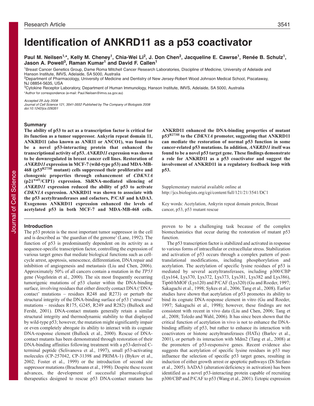 Identification of ANKRD11 As a P53 Coactivator