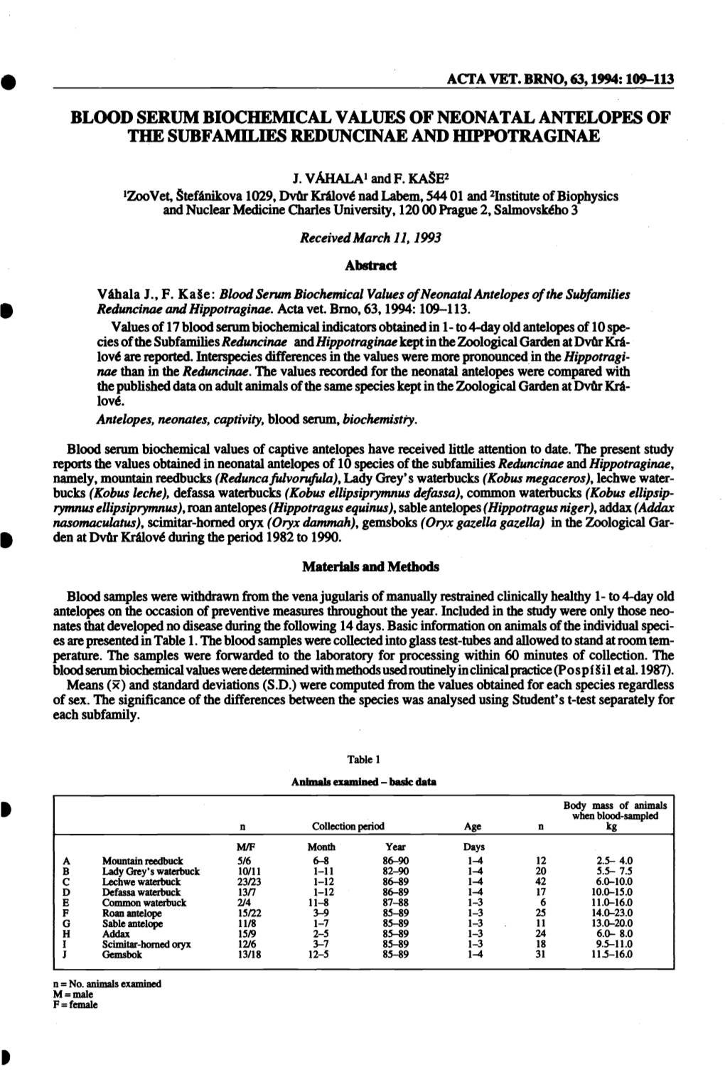 Blood Serum Biochemical Values of Neonatal Antelopes of the Subfamilies Reduncinae and Hippotraginae