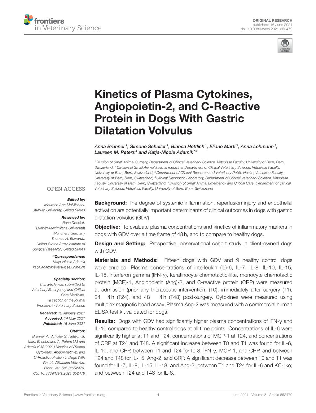 Kinetics of Plasma Cytokines, Angiopoietin-2, and C-Reactive Protein in Dogs with Gastric Dilatation Volvulus