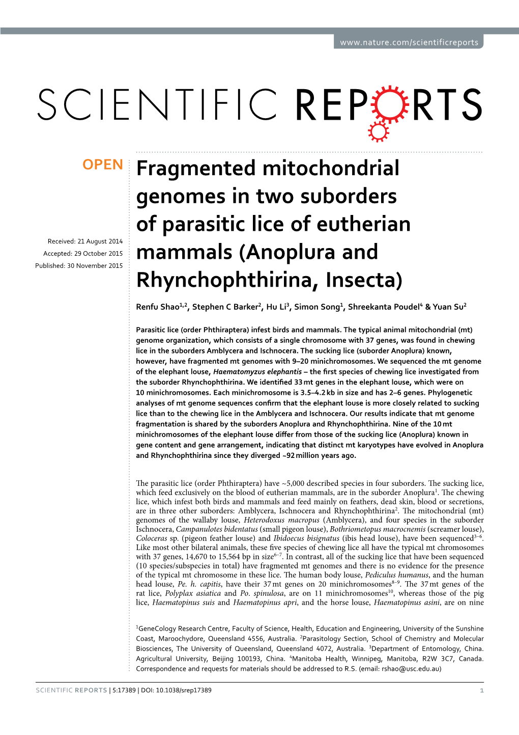 Fragmented Mitochondrial Genomes in Two Suborders of Parasitic Lice of Eutherian Mammals (Anoplura and Rhynchophthirina, Insecta)