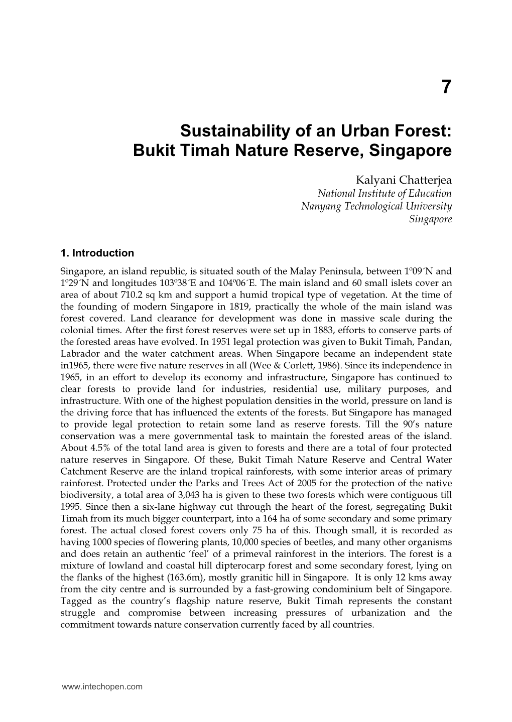 Sustainability of an Urban Forest: Bukit Timah Nature Reserve, Singapore