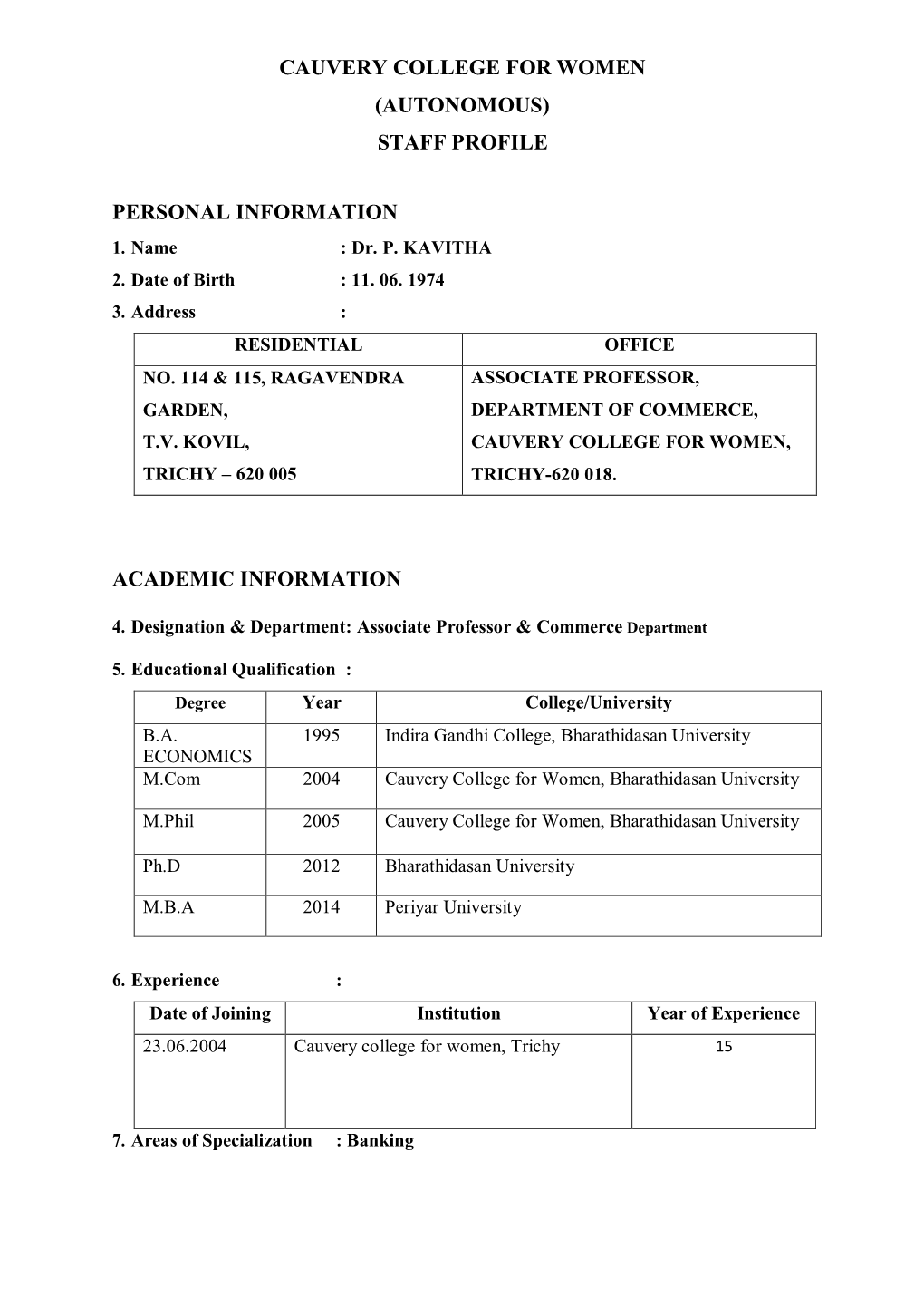 Staff Profile Personal Information