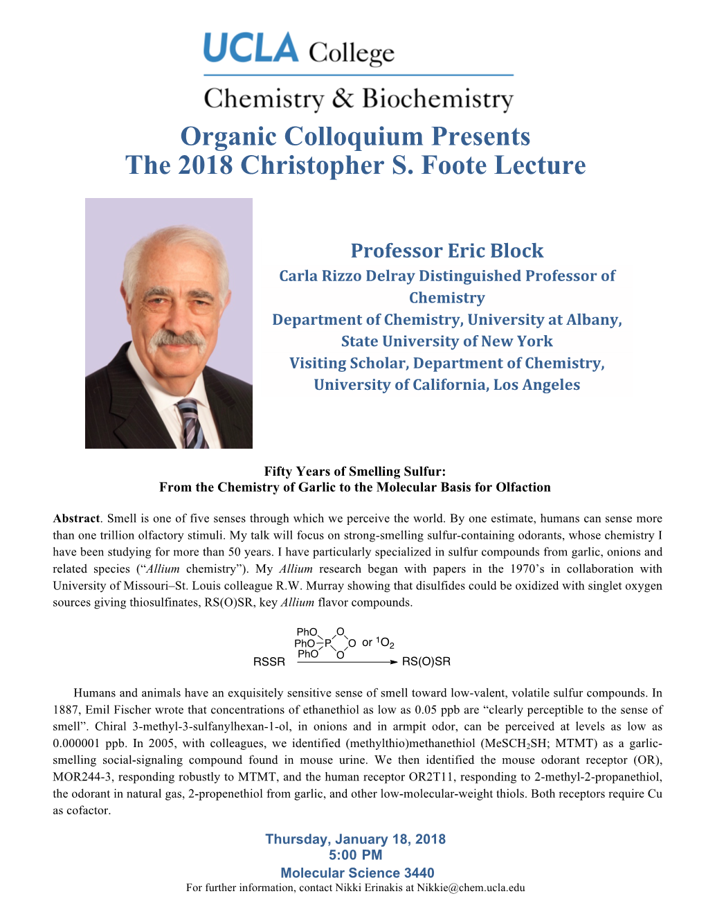 Organic Colloquium Presents the 2018 Christopher S. Foote Lecture