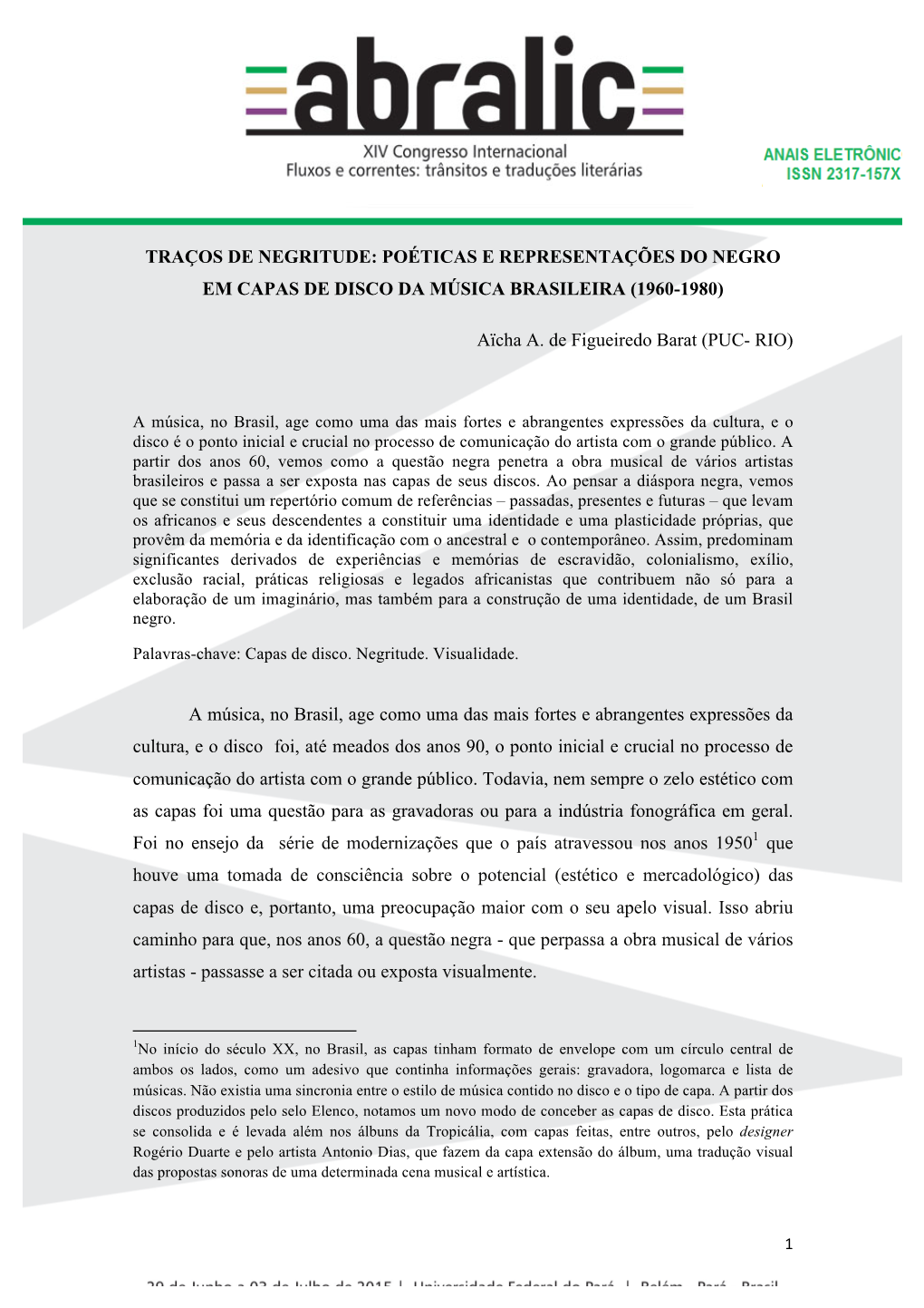 Traços De Negritude: Poéticas E Representações Do Negro Em Capas De Disco Da Música Brasileira (1960-1980)