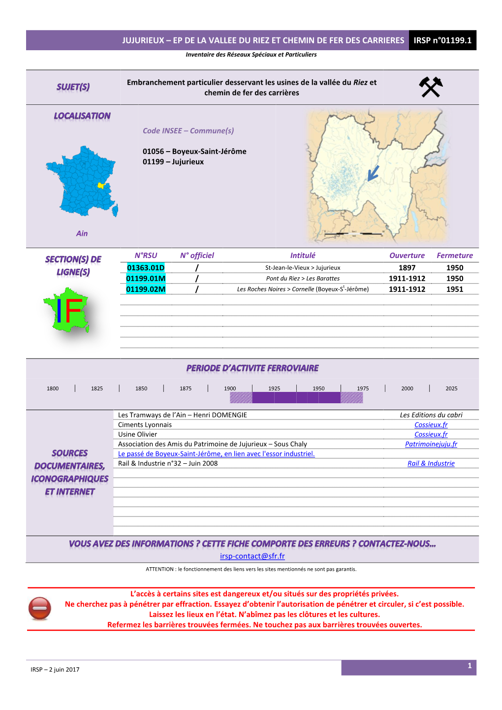 JUJURIEUX – EP DE LA VALLEE DU RIEZ ET CHEMIN DE FER DES CARRIERES IRSP N°01199.1 Inventaire Des Réseaux Spéciaux Et Particuliers