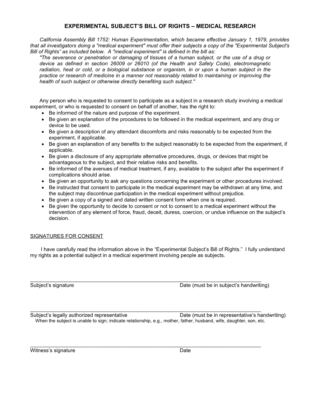 Experimental Subject S Bill of Rights Medical Research