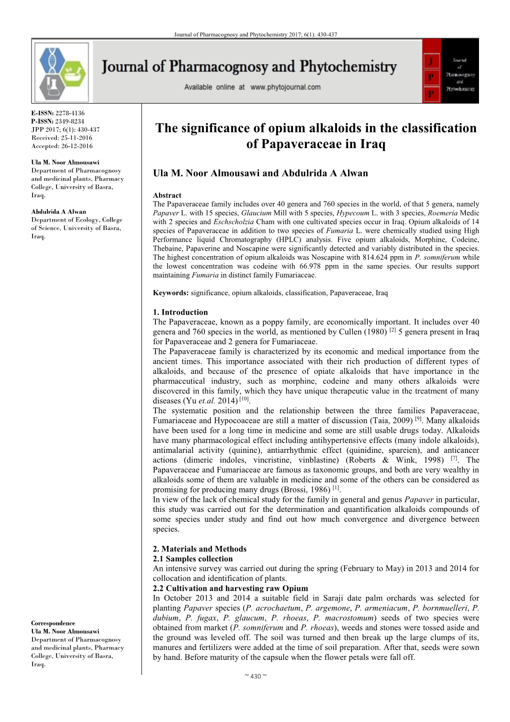 The Significance of Opium Alkaloids in the Classification of Papaveraceae