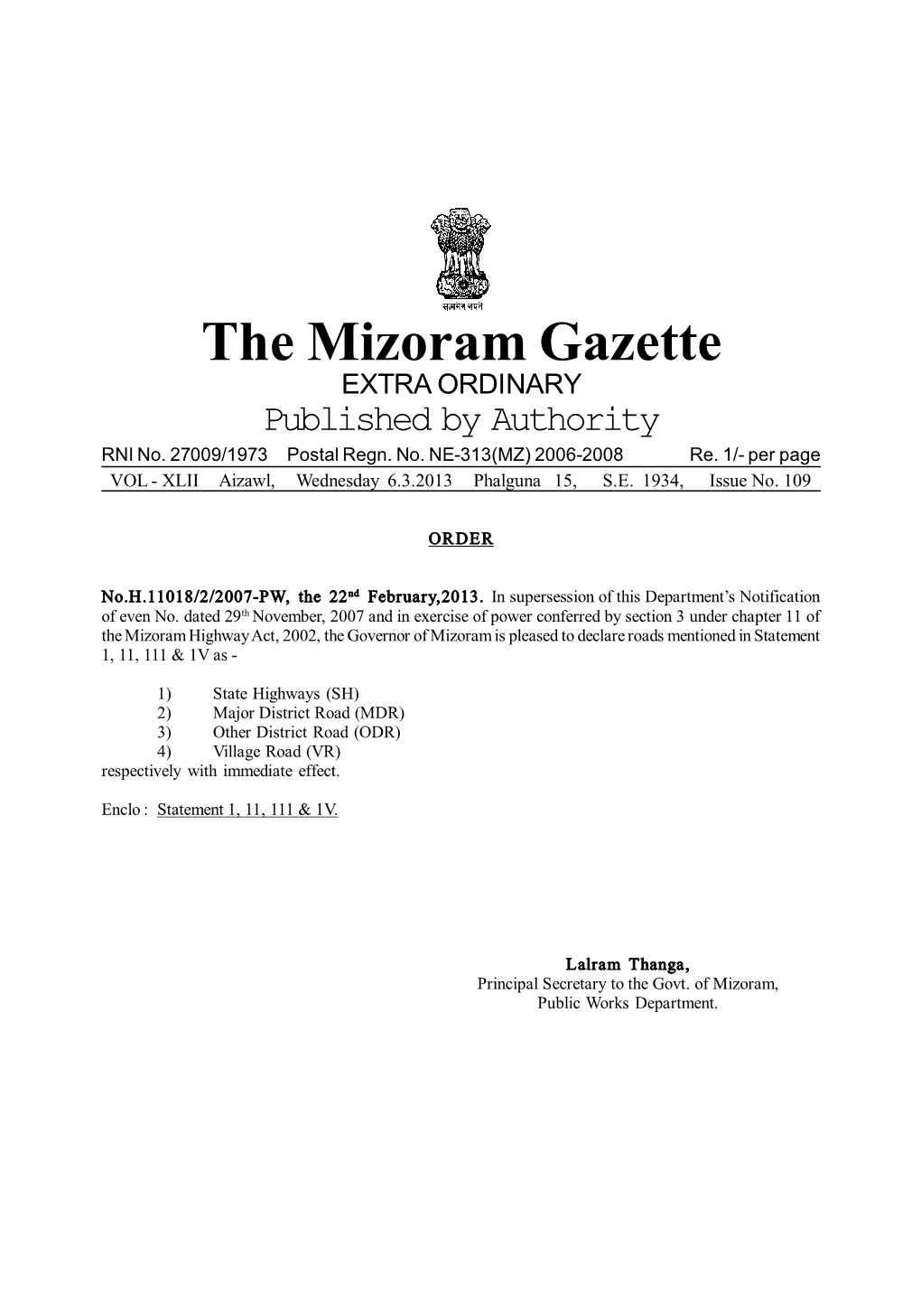 The Mizoram Gazette EXTRA ORDINARY Published by Authority RNI No