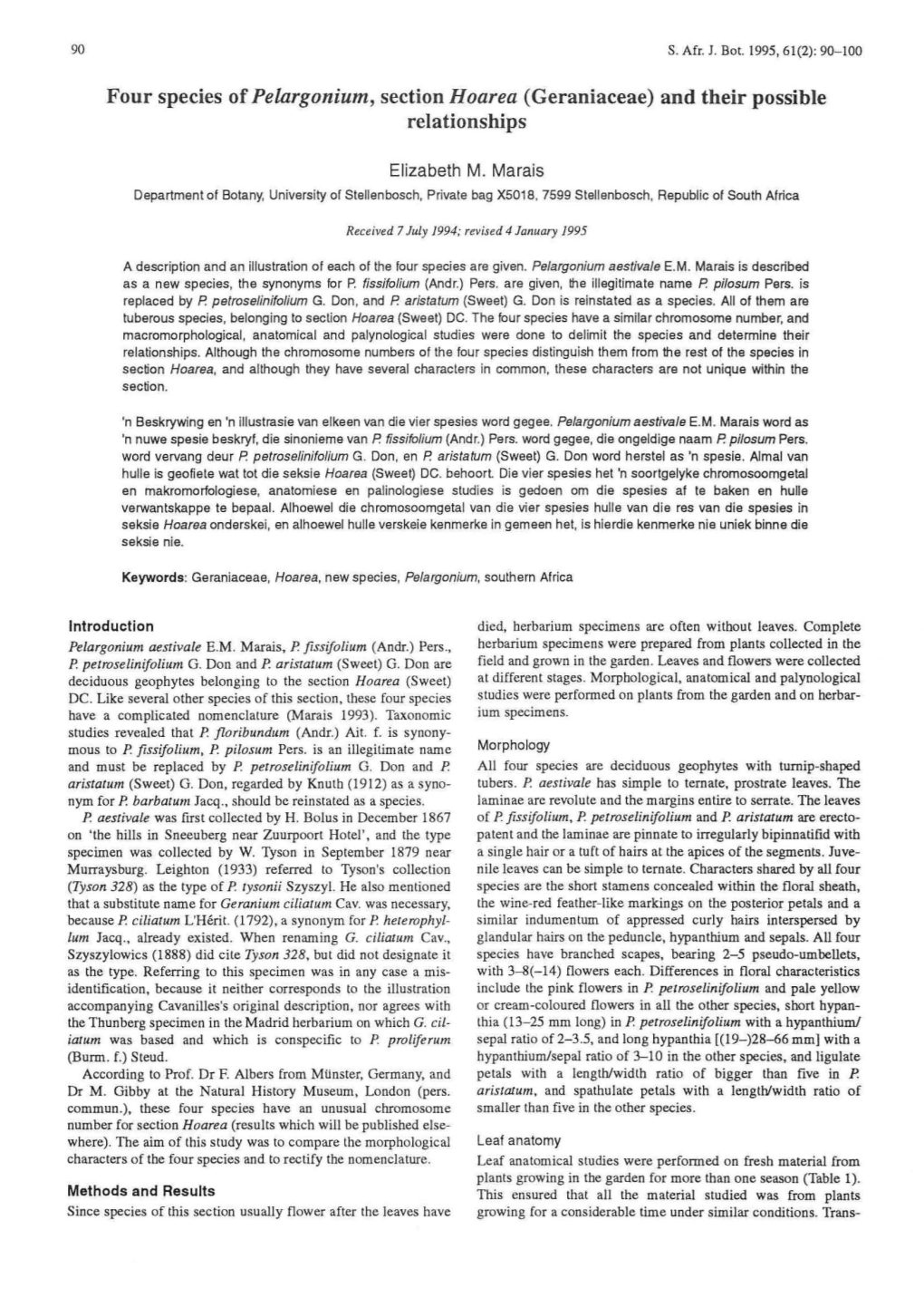 Four Species of Pelargonium, Section Hoarea (Geraniaceae) and Their Possible Relationships