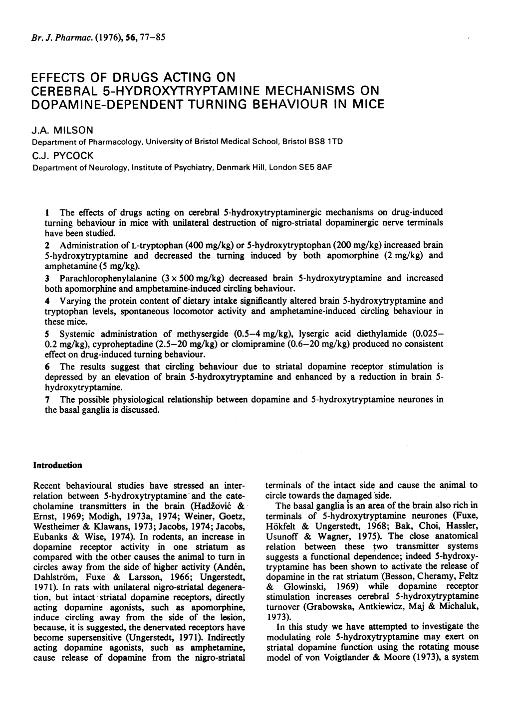 Effects of Drugs Acting on Cerebral 5-Hydroxytryptamine Mechanisms on Dopamine-Dependent Turning Behaviour in Mice