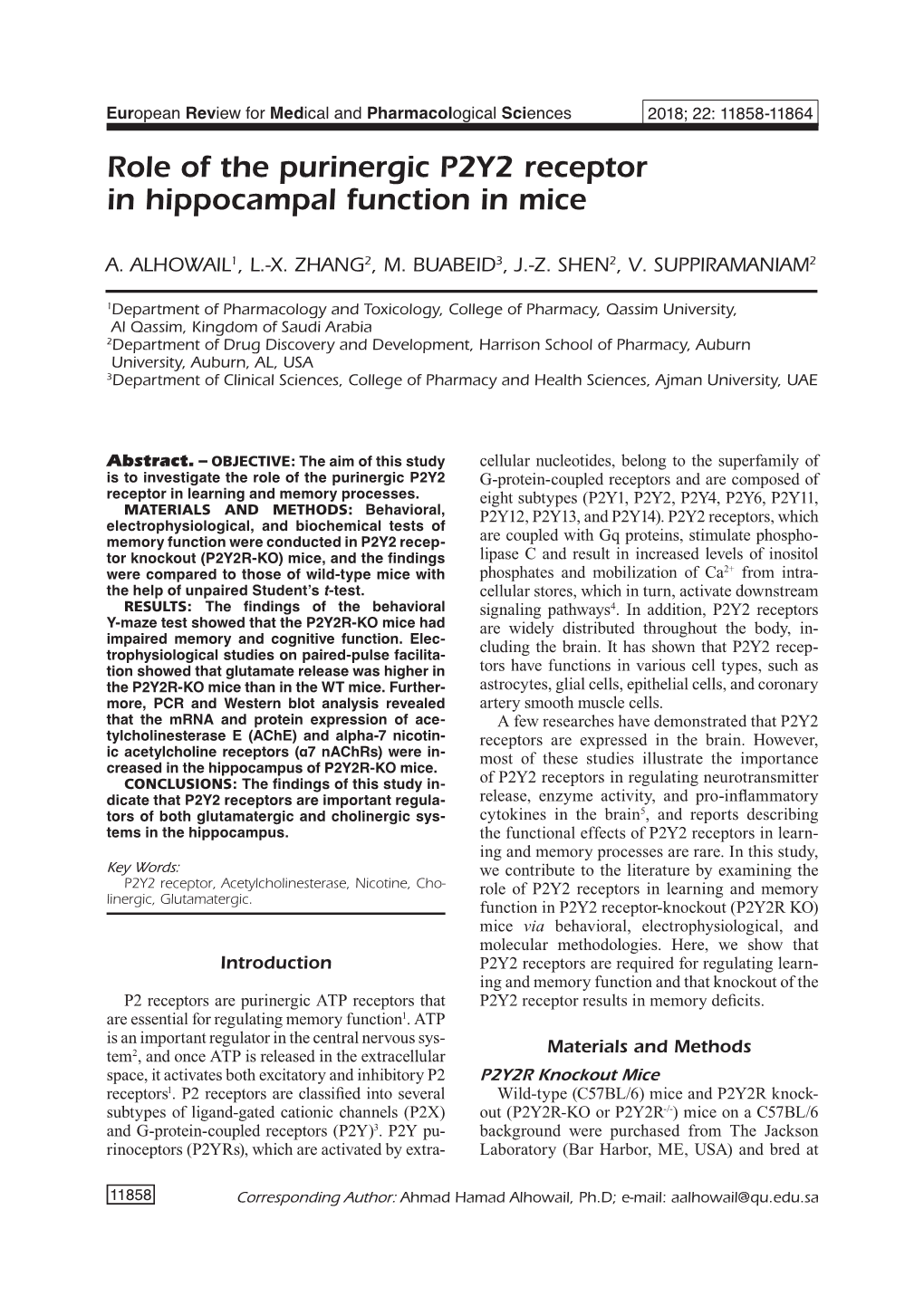 Role of the Purinergic P2Y2 Receptor in Hippocampal Function in Mice