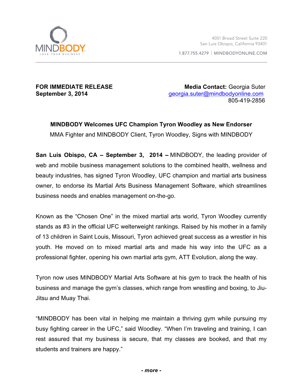 FOR IMMEDIATE RELEASE Media Contact: Georgia Suter September 3, 2014 Georgia.Suter@Mindbodyonline.Com 805-419-2856