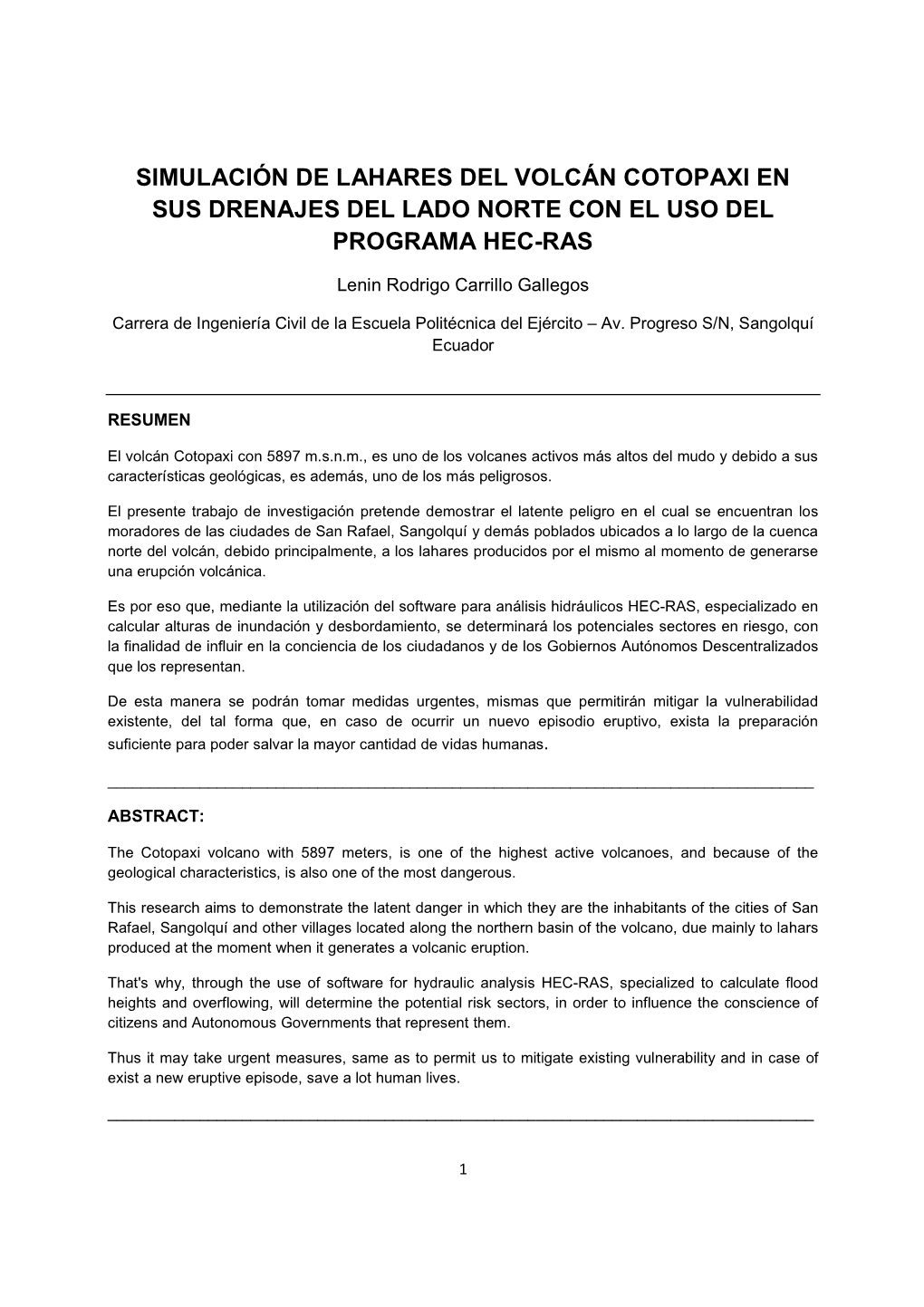 Simulación De Lahares Del Volcán Cotopaxi En Sus Drenajes Del Lado Norte Con El Uso Del Programa Hec-Ras