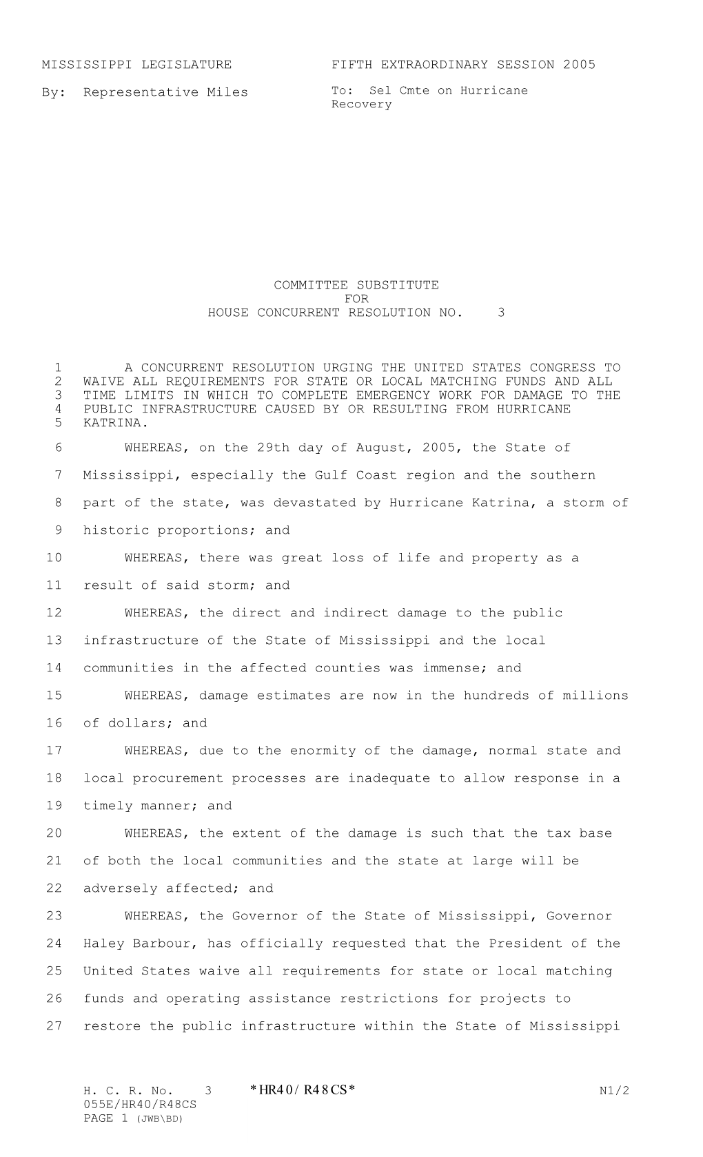 *Hr40/R48cs* Mississippi Legislature Fifth