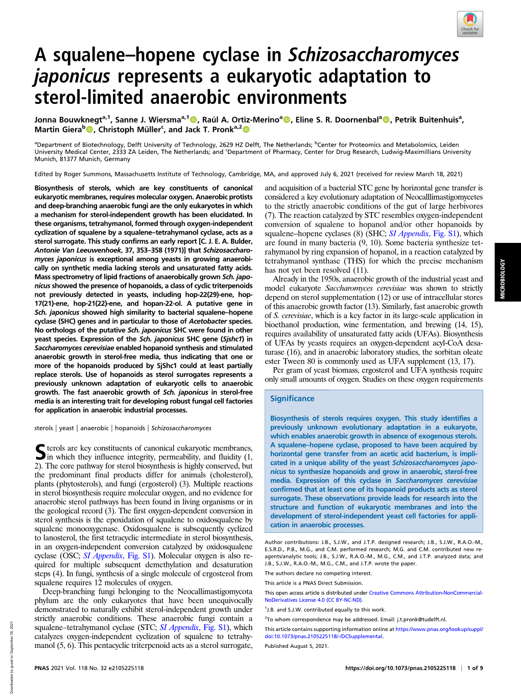 A Squalene–Hopene Cyclase in Schizosaccharomyces Japonicus Represents a Eukaryotic Adaptation to Sterol-Limited Anaerobic Environments