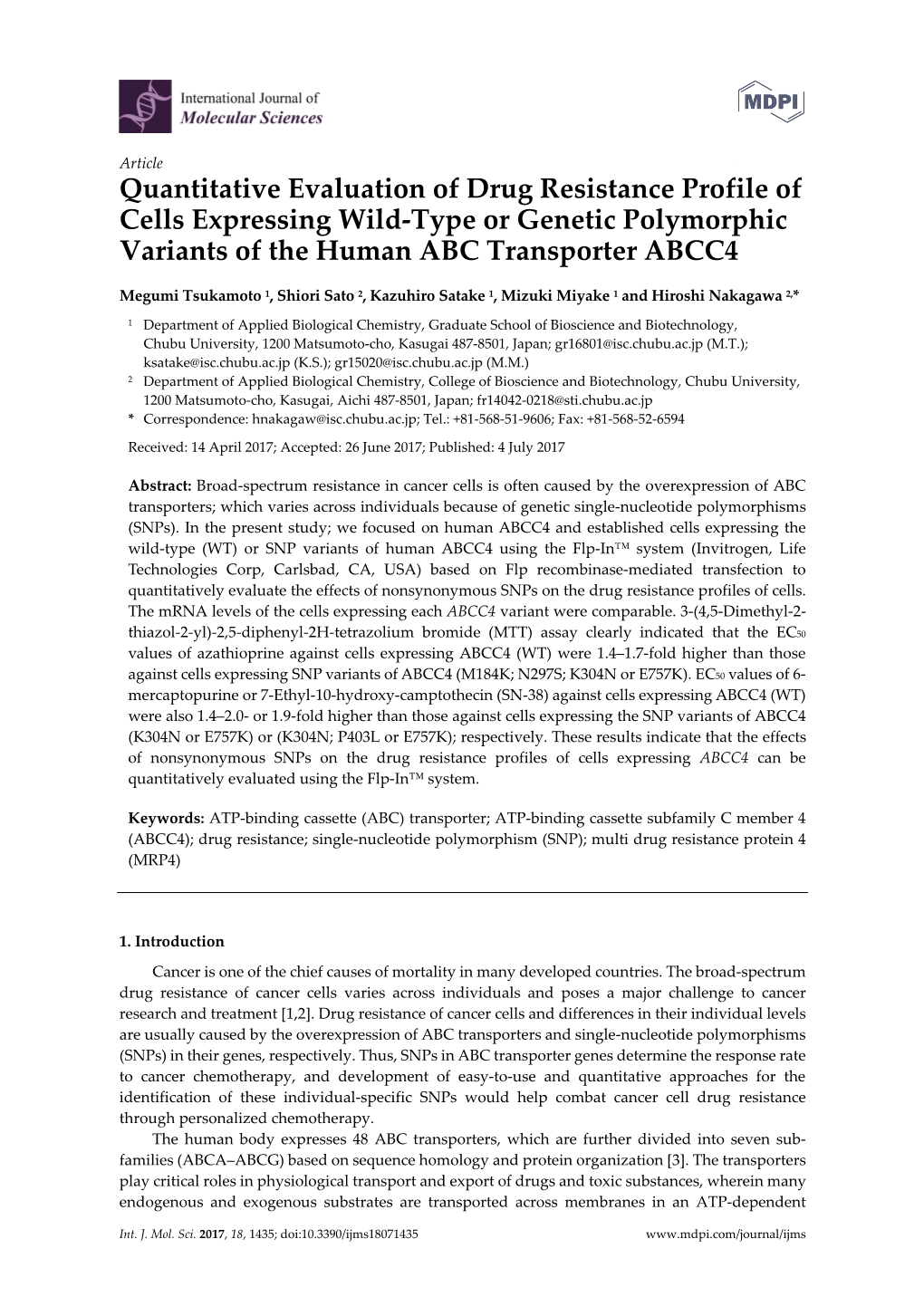 Quantitative Evaluation of Drug Resistance Profile of Cells Expressing Wild-Type Or Genetic Polymorphic Variants of the Human ABC Transporter ABCC4