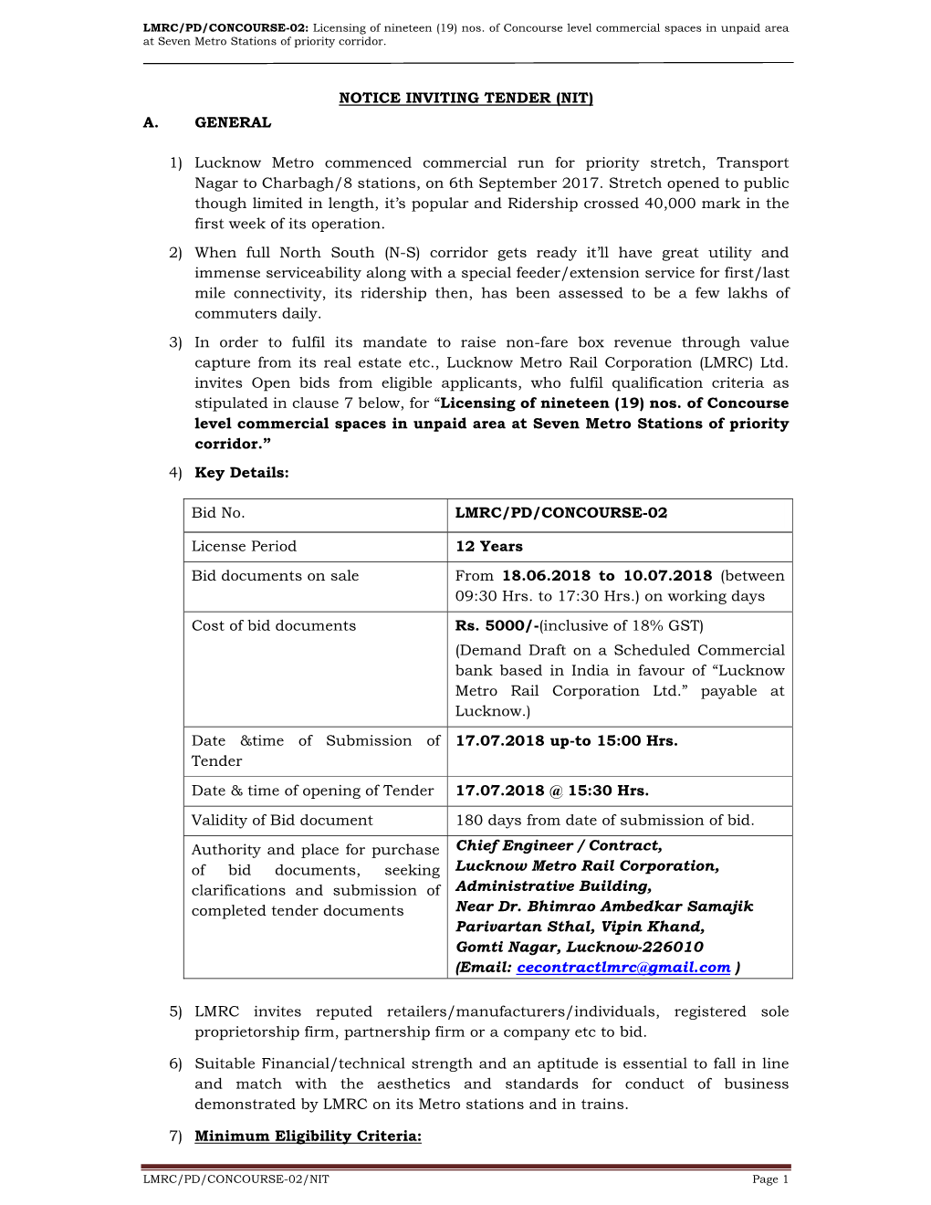 Notice Inviting Tender (Nit) A