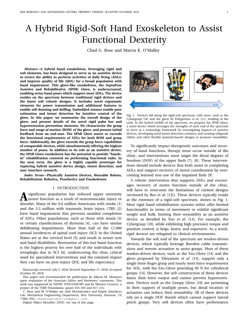 A Hybrid Rigid-Soft Hand Exoskeleton to Assist Functional Dexterity Chad G