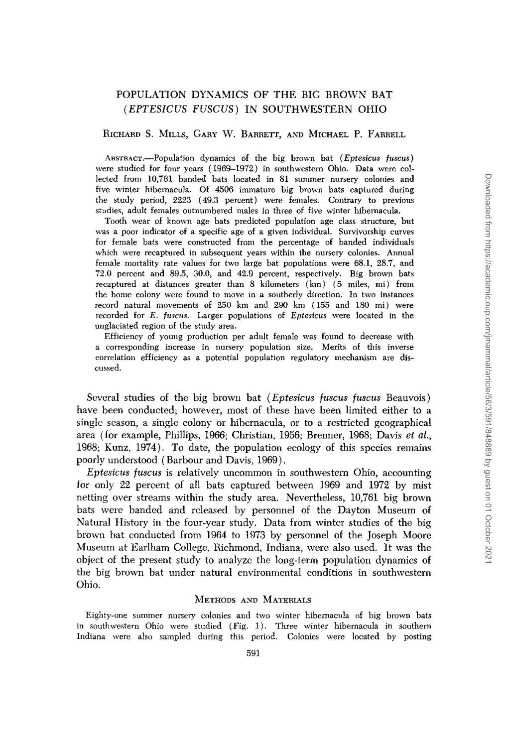 Population Dynamics of the Big Brown Bat (Eptesicus Fuscus) in Southwestern Ohio