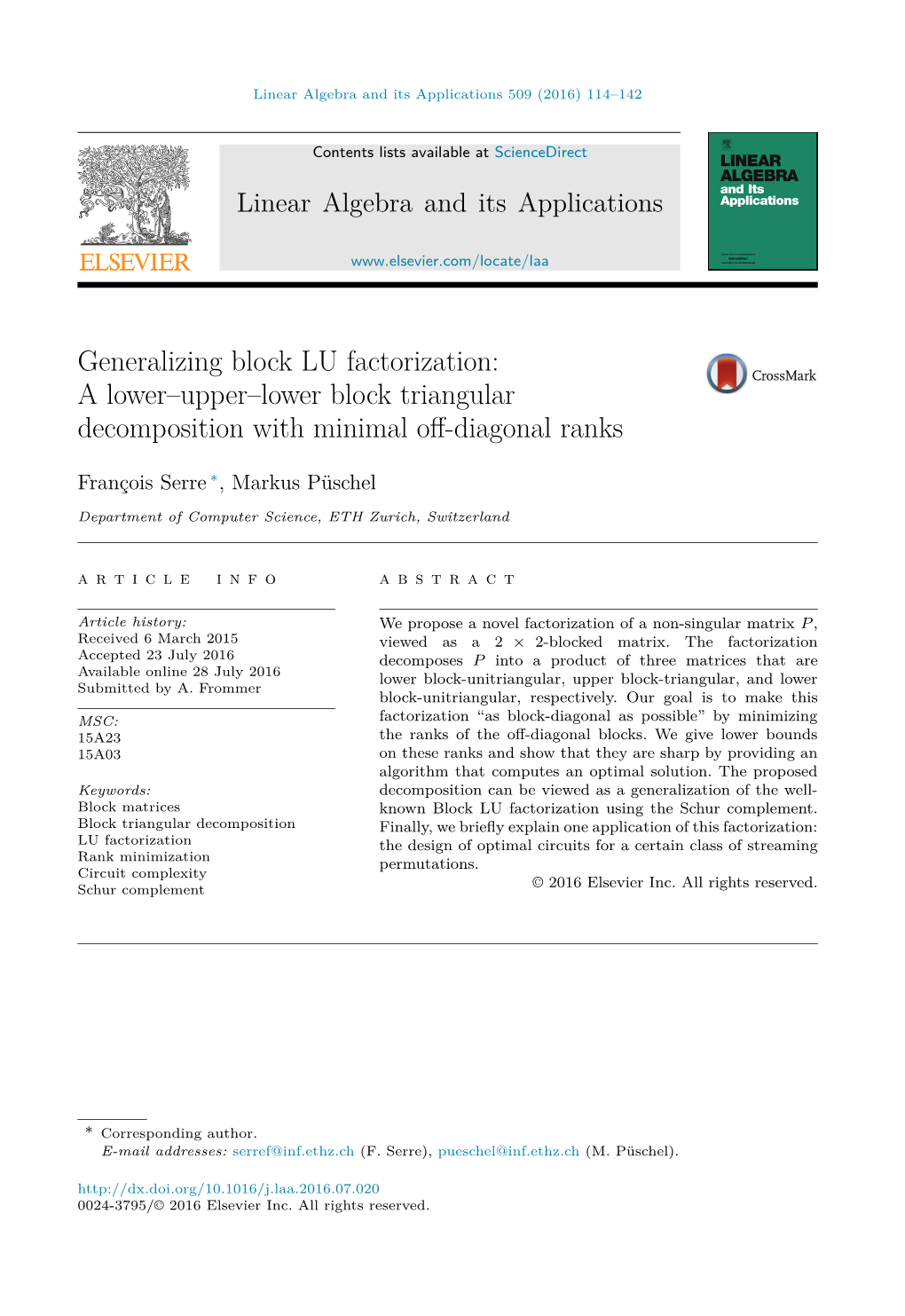 Generalizing Block LU Factorization: a Lower–Upper–Lower Block Triangular Decomposition with Minimal Oﬀ-Diagonal Ranks