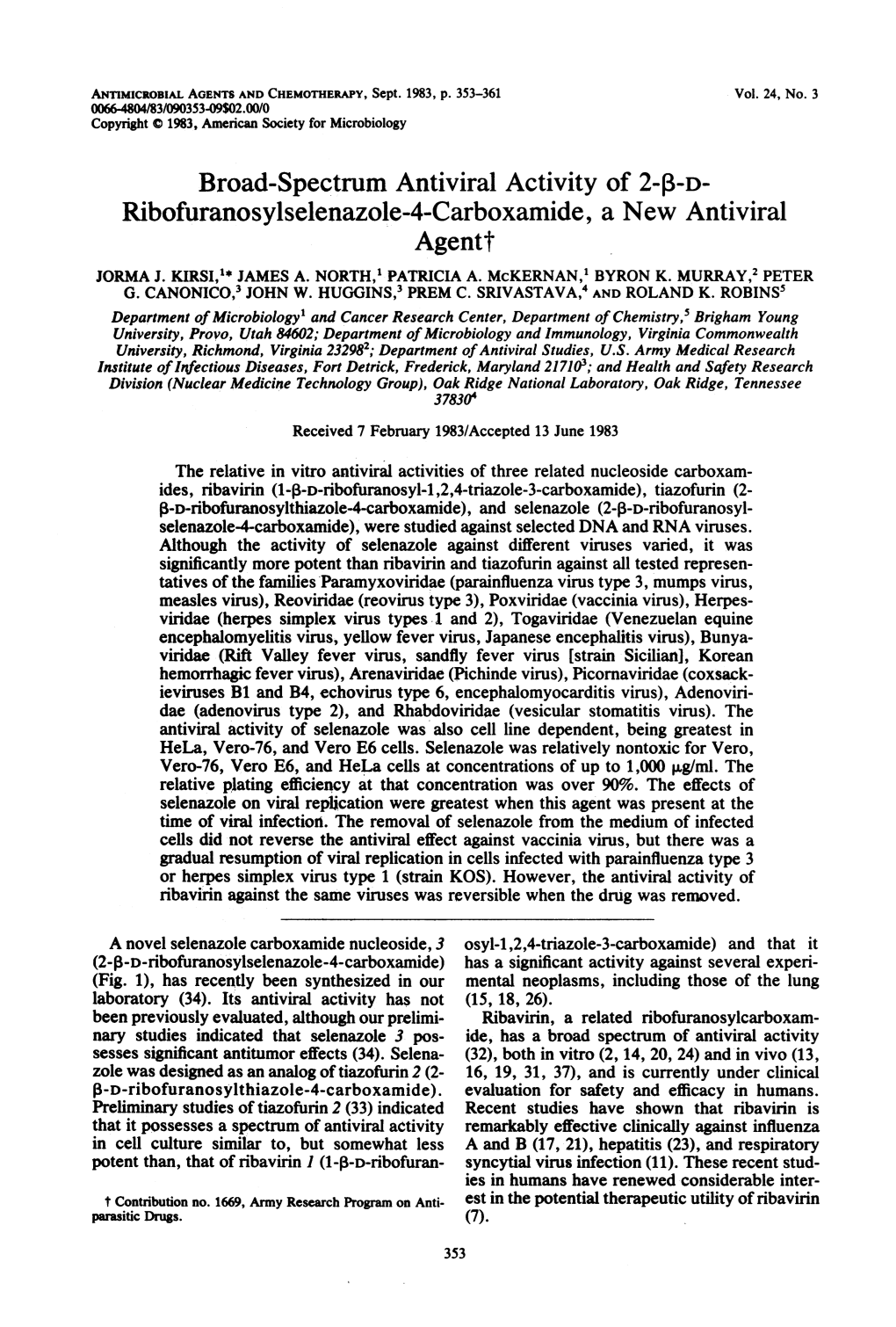 Ribofuranosylselenazole-4-Carboxamide, a New Antiviral Agentt JORMA J