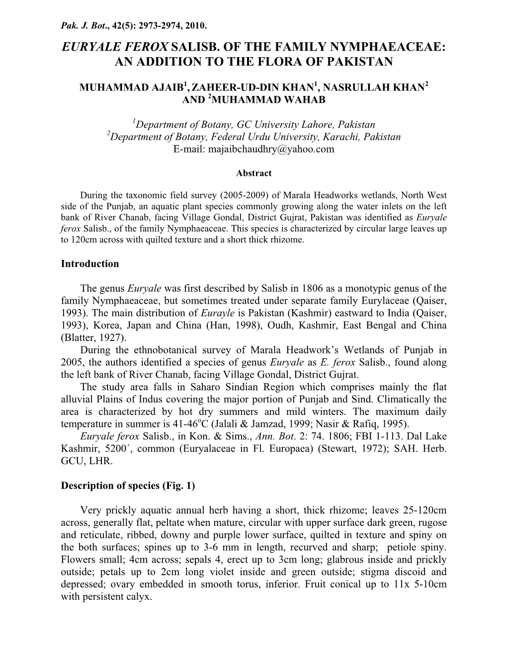 Euryale Ferox Salisb. of the Family Nymphaeaceae: an Addition to the Flora of Pakistan