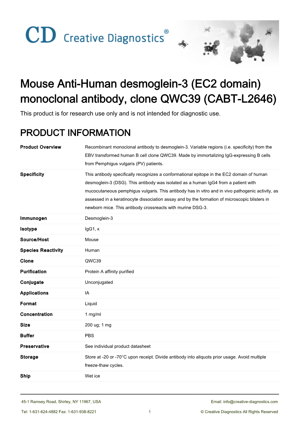 Mouse Anti-Human Desmoglein-3 (EC2 Domain) Monoclonal Antibody, Clone QWC39 (CABT-L2646) This Product Is for Research Use Only and Is Not Intended for Diagnostic Use