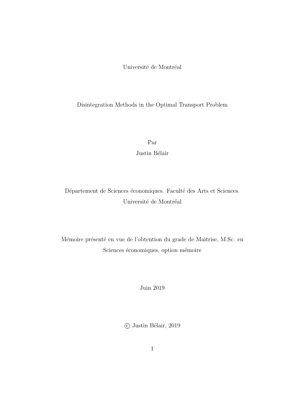 Université De Montréal Disintegration Methods in the Optimal Transport