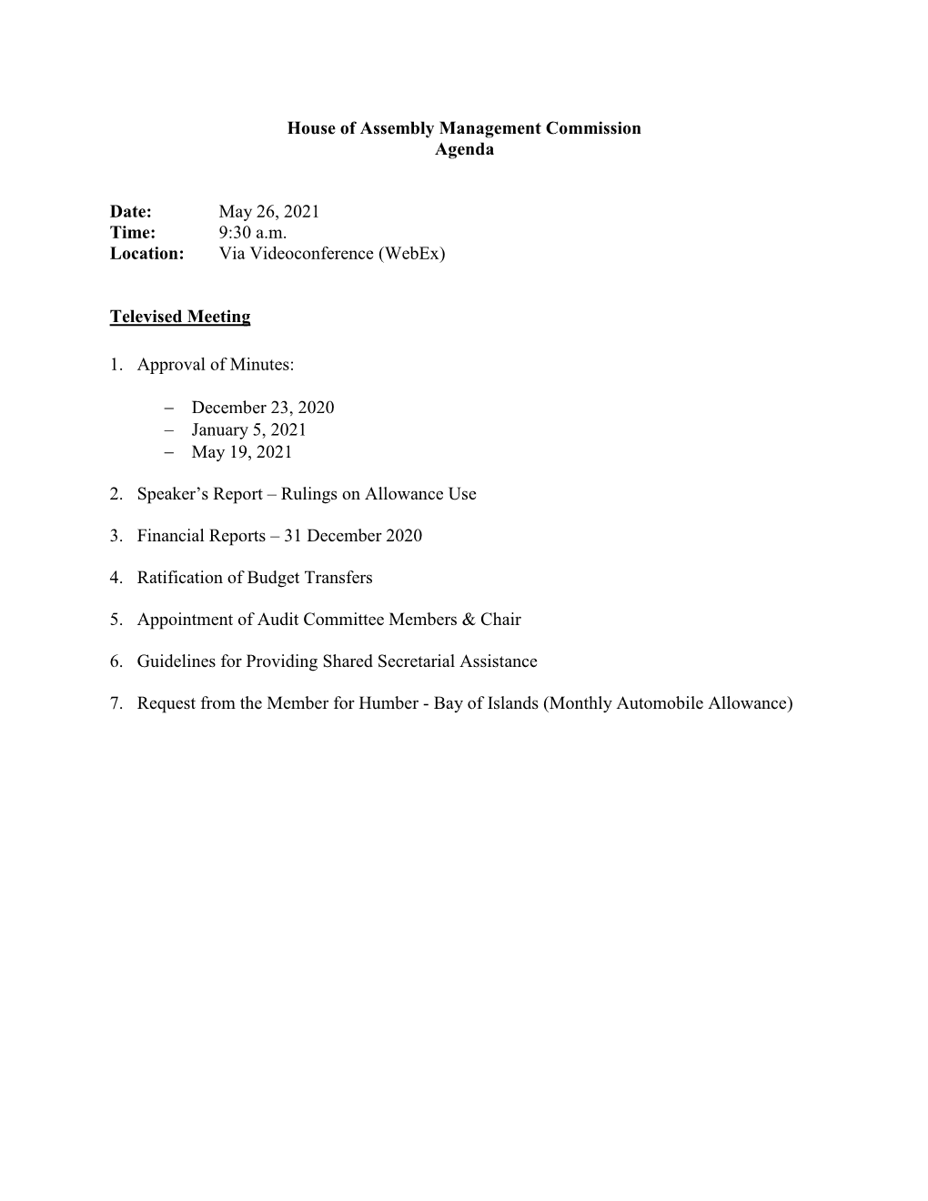 House of Assembly Management Commission Agenda