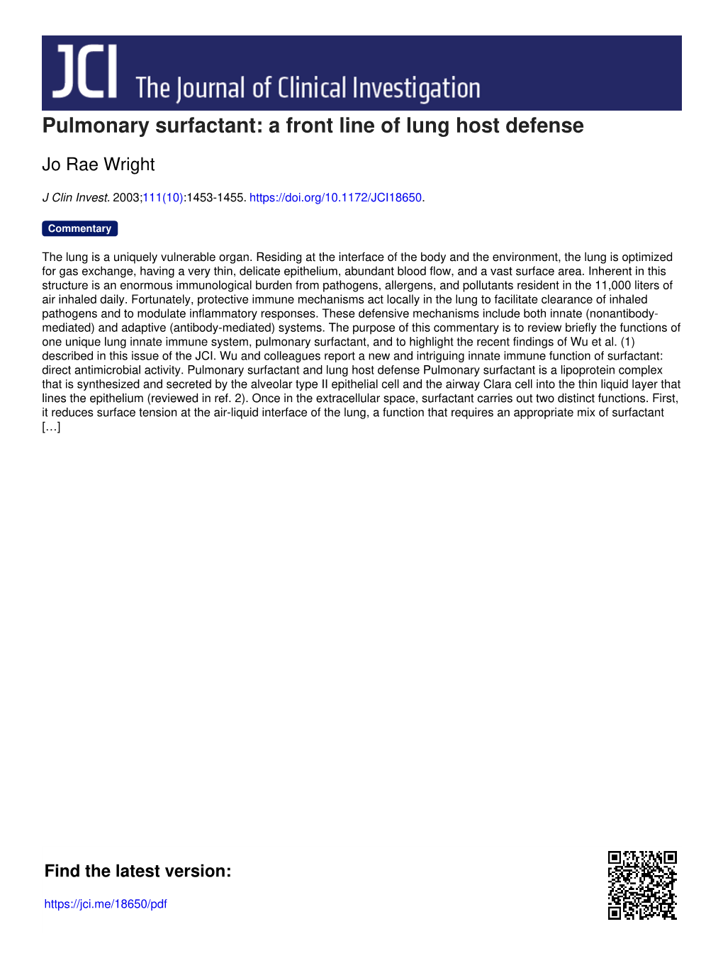 Pulmonary Surfactant: a Front Line of Lung Host Defense