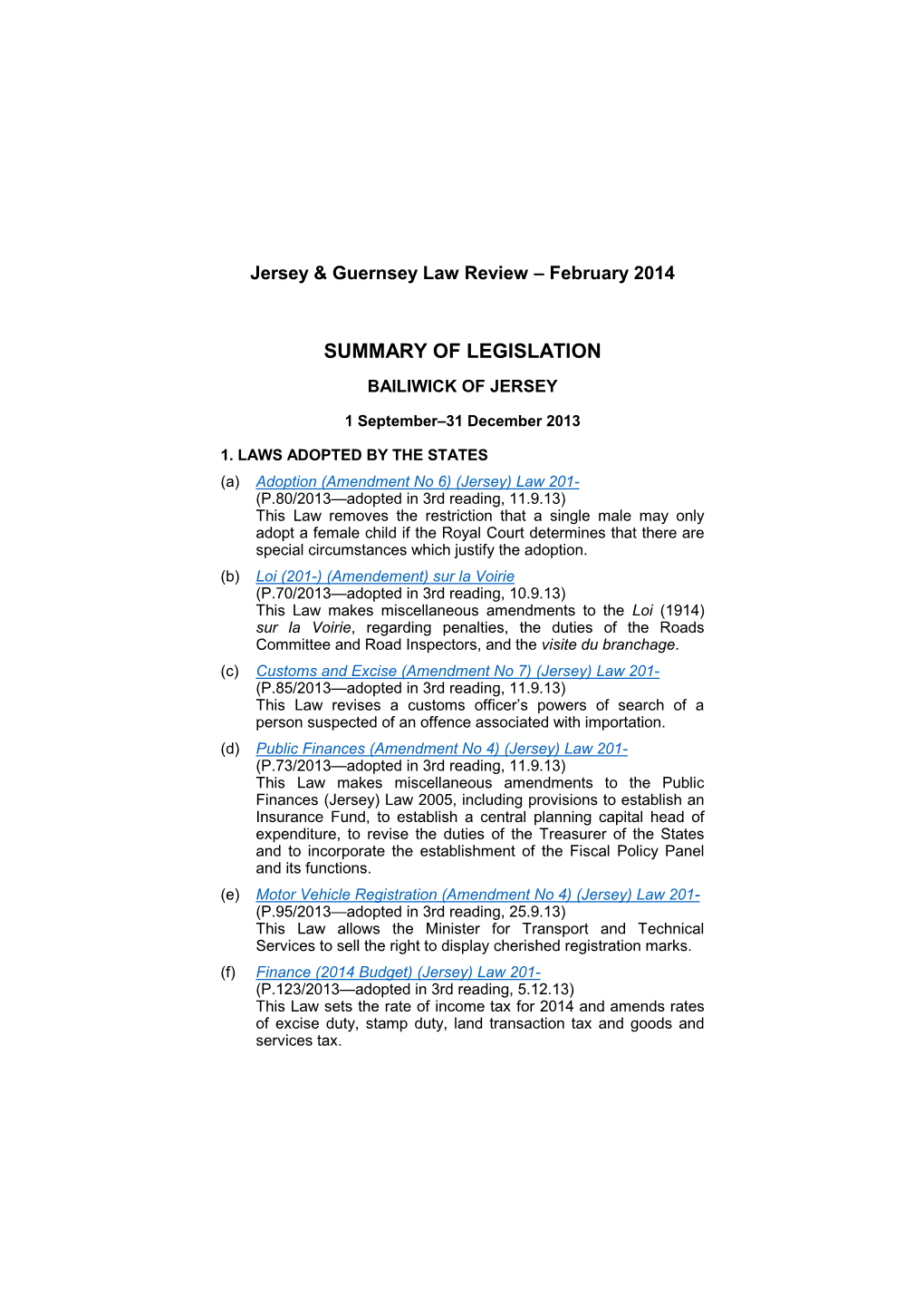 Jersey & Guernsey Law Review | Summary of Legislation