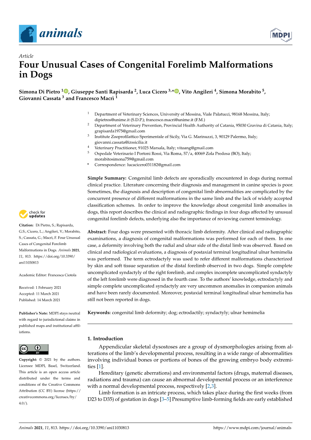 Four Unusual Cases of Congenital Forelimb Malformations in Dogs