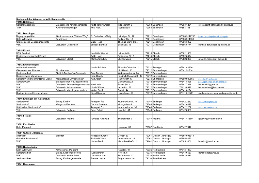 Seniorenclubs, Altenwerke,Vdk, Seniorenräte 79353 Bahlingen Seniorenangebote Evangelische Kirchengemeinde Anita Jenny-Engler Kapellenstr