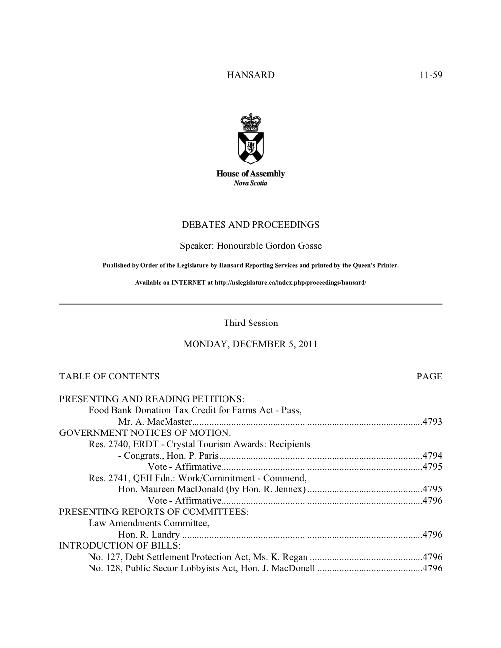 HANSARD 11-59 DEBATES and PROCEEDINGS Speaker