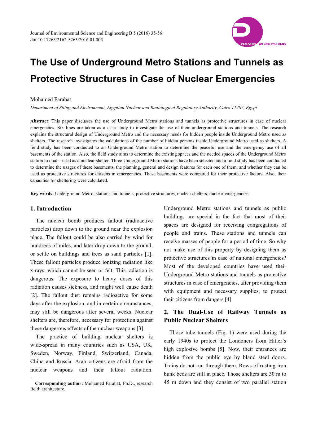 The Use of Underground Metro Stations and Tunnels As Protective Structures in Case of Nuclear Emergencies