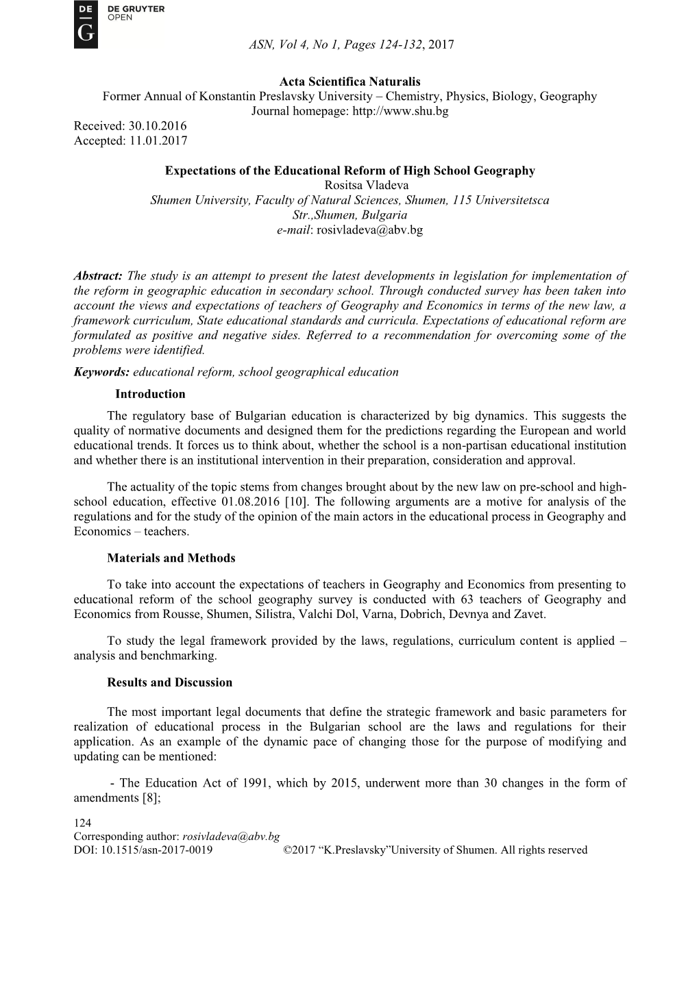 ASN, Vol 4, No 1, Pages 124-132, 2017 Acta Scientifica Naturalis Former Annual of Konstantin Preslavsky University – Chemistry