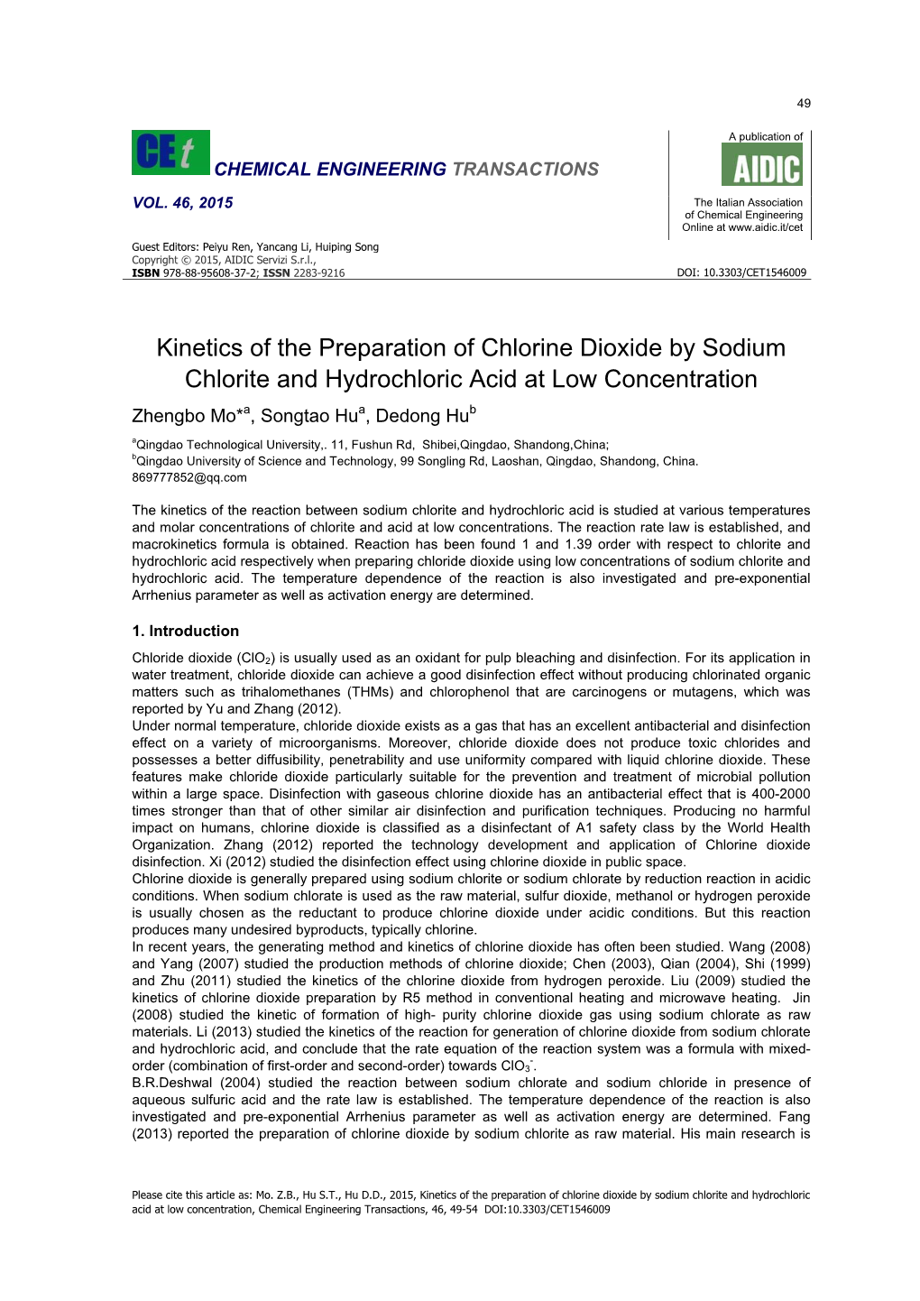 Kinetics of the Preparation of Chlorine Dioxide by Sodium Chlorite