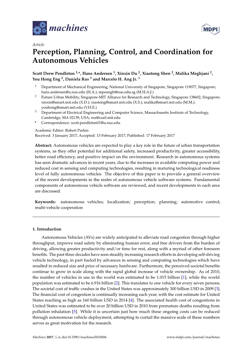Perception, Planning, Control, and Coordination for Autonomous Vehicles