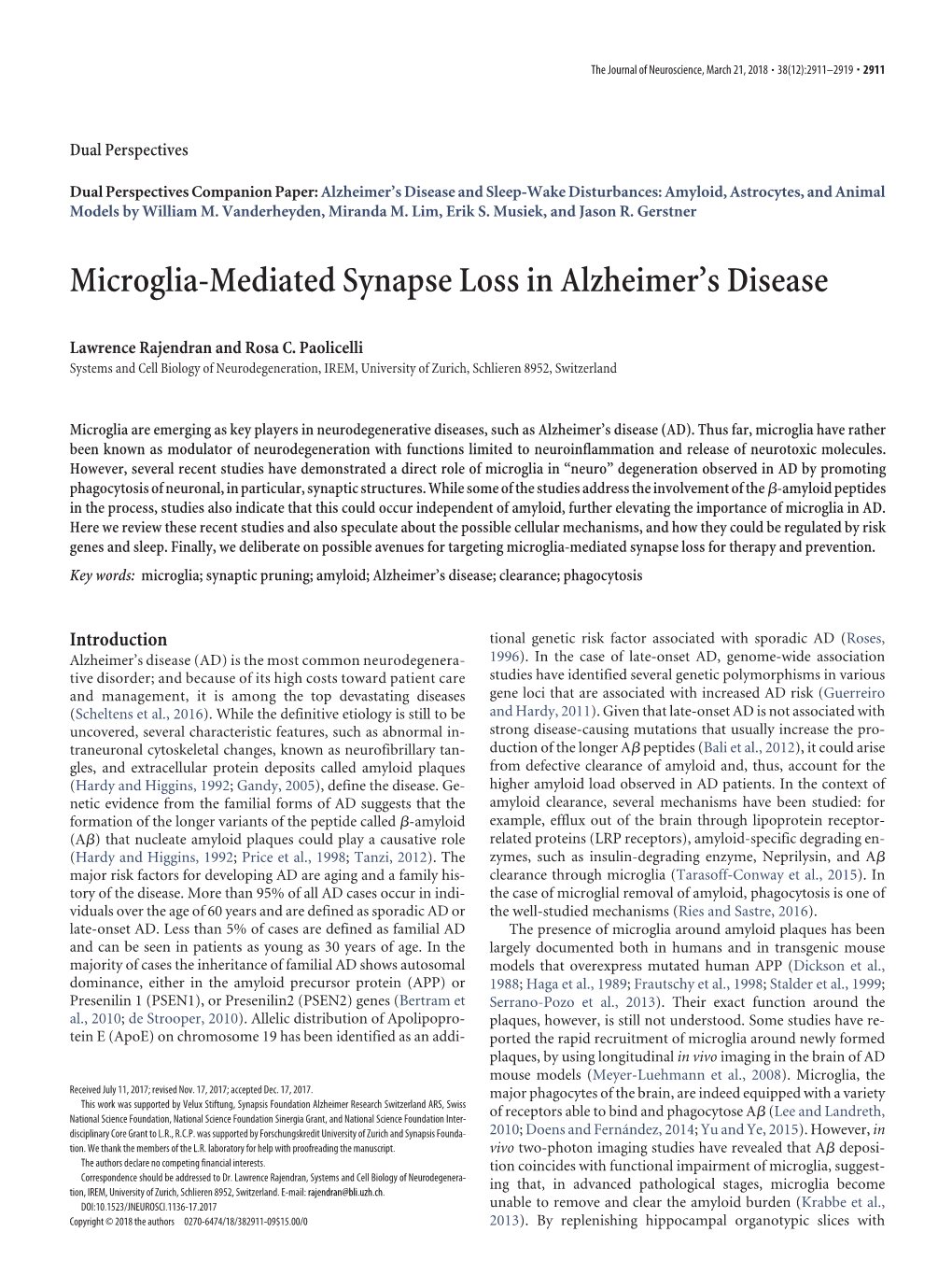 Microglia-Mediated Synapse Loss in Alzheimer's Disease