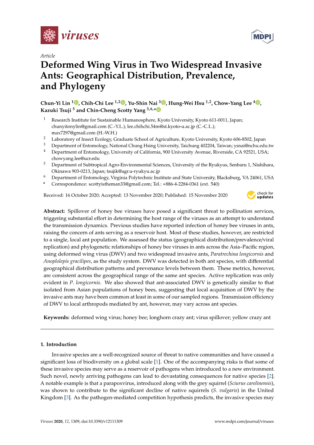 Deformed Wing Virus in Two Widespread Invasive Ants: Geographical Distribution, Prevalence, and Phylogeny