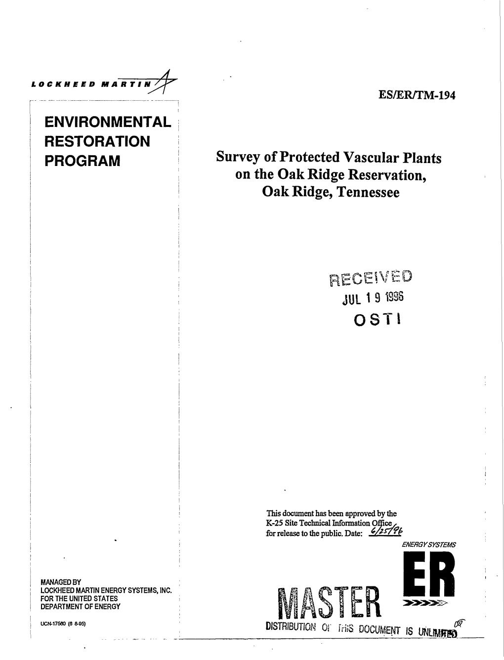 Survey of Protected Vascular Plants on the Oak Ridge Reservation, Oak Ridge, Tennessee