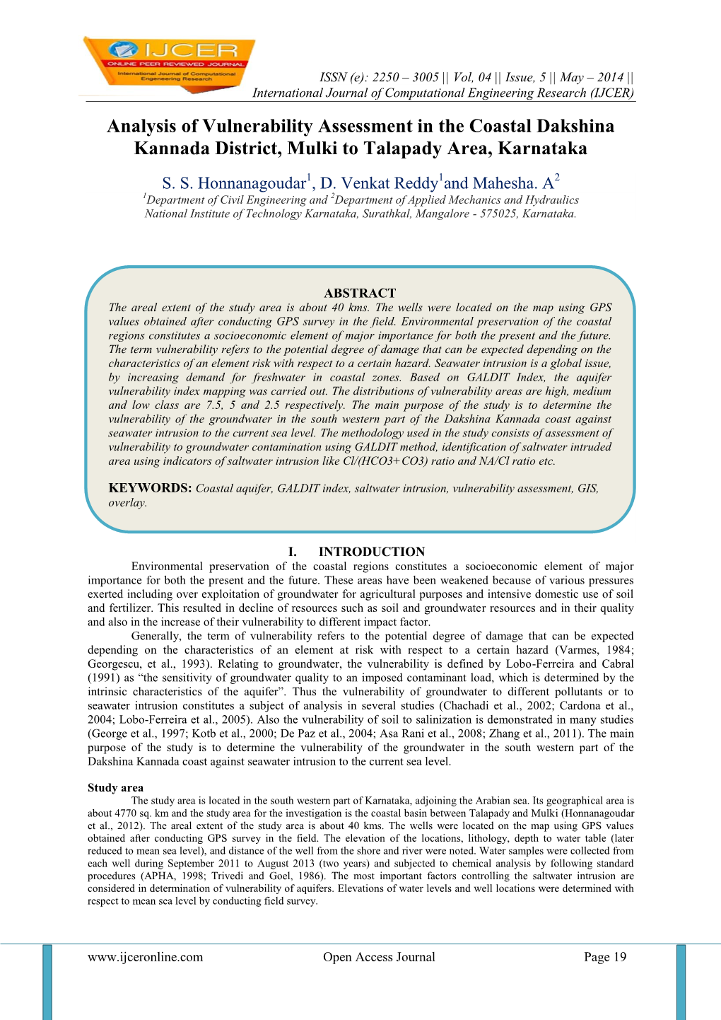 Analysis of Vulnerability Assessment in the Coastal Dakshina Kannada District, Mulki to Talapady Area, Karnataka S