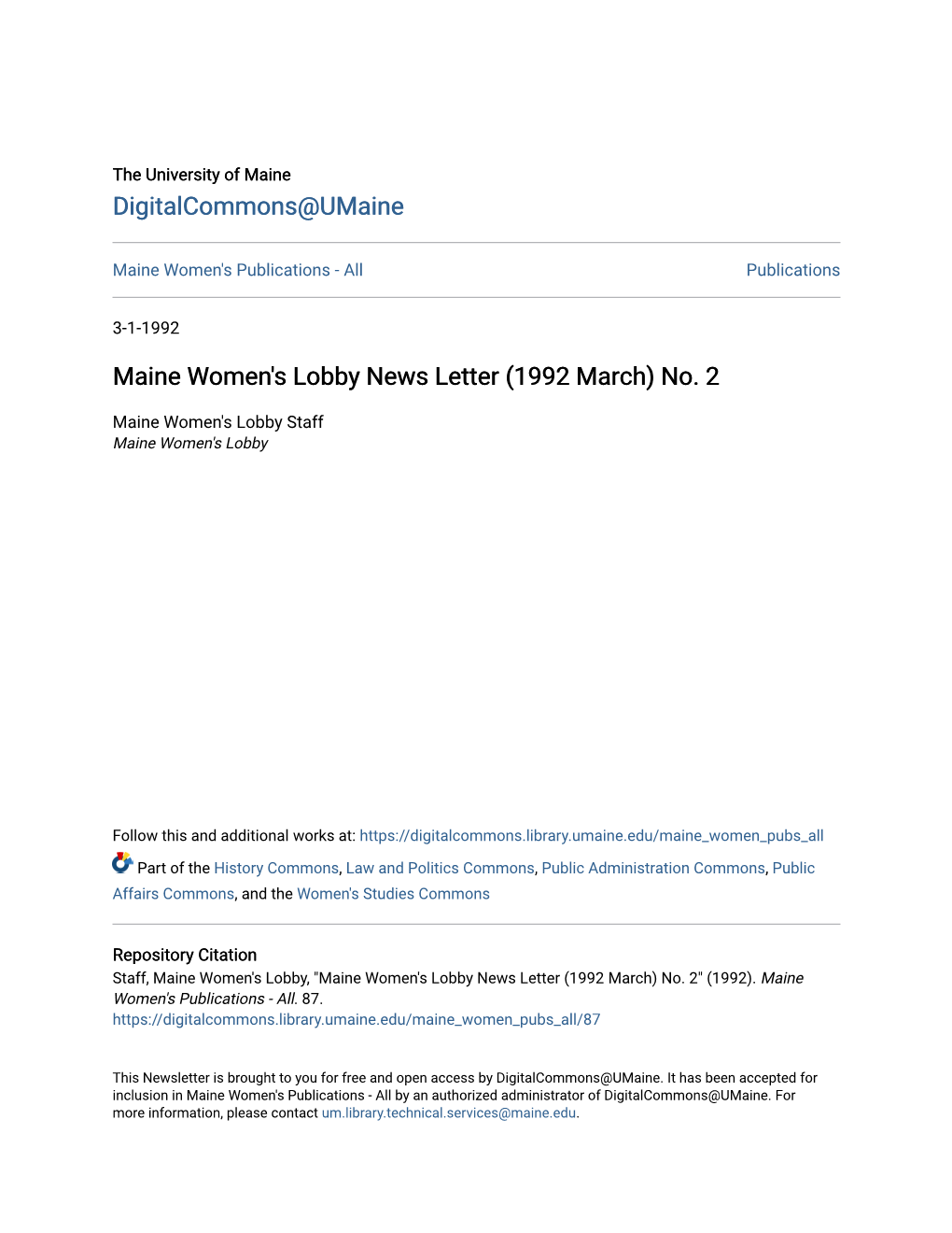 Maine Women's Lobby News Letter (1992 March) No