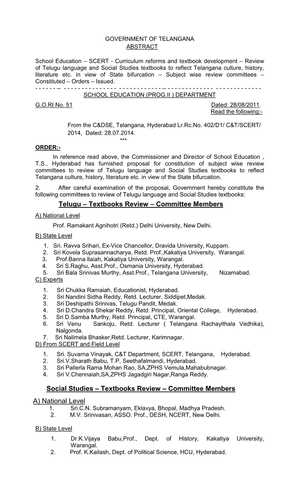 Telugu – Textbooks Review – Committee Members Social Studies