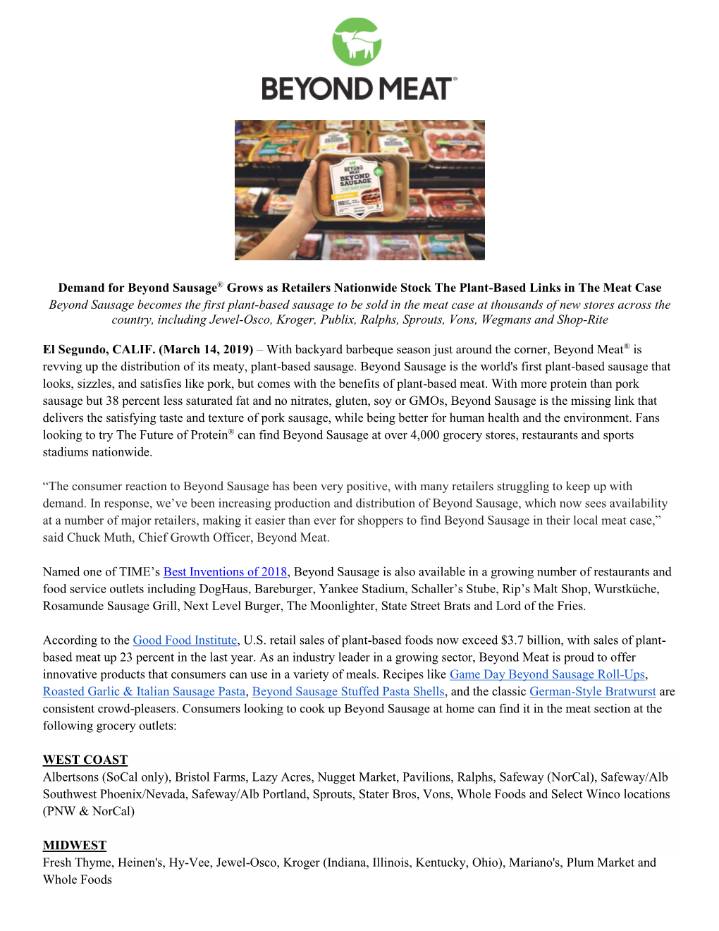 Demand for Beyond Sausage® Grows As Retailers Nationwide Stock The